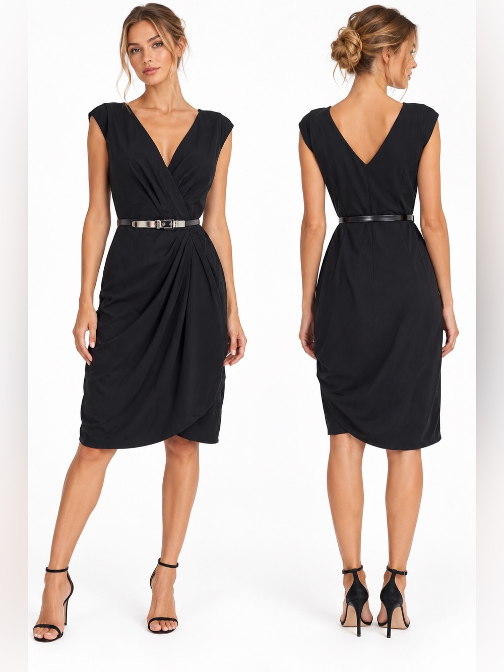 Michael Kors Black Draped Belted Sheath Dress Size 6 V Neck Cocktail